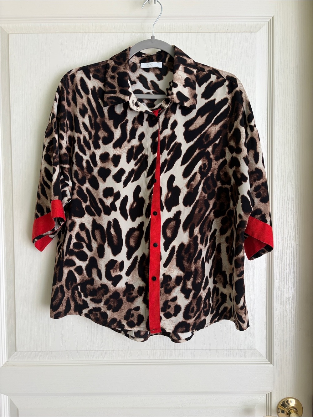 Q2 Leopard Print Button-Up Blouse with Red Trim